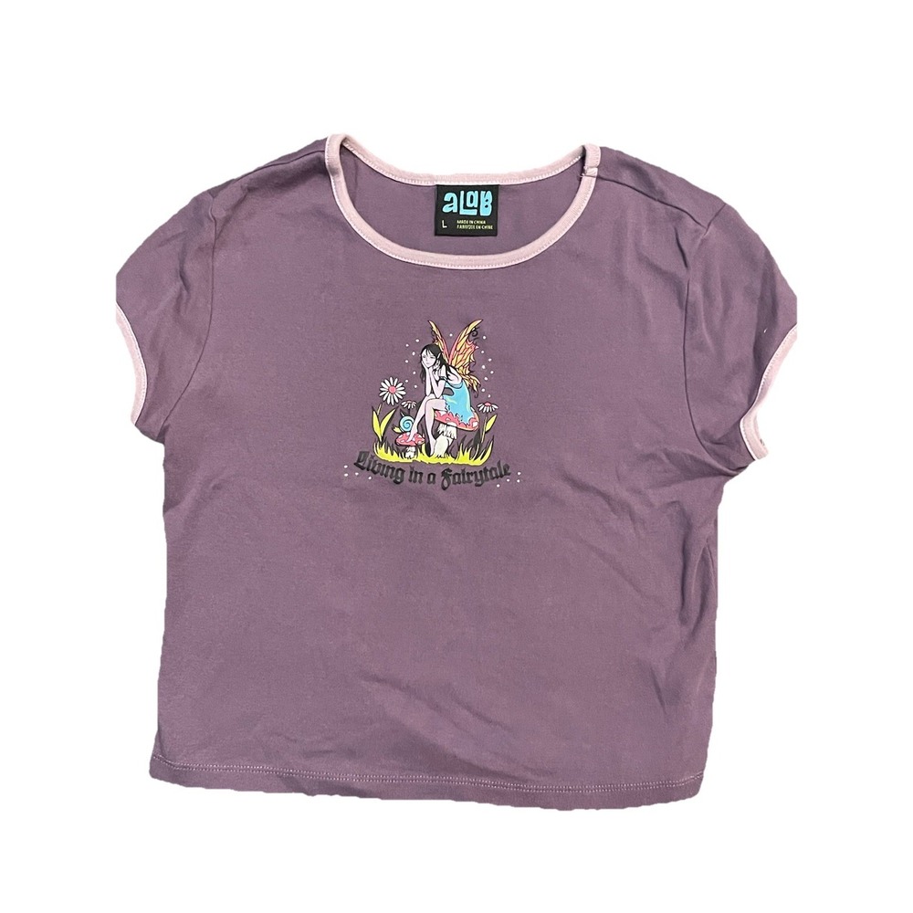 aLAB Purple Fairy Graphic Baby Tee Short Sleeve Juniors Large Y2K Fairycore